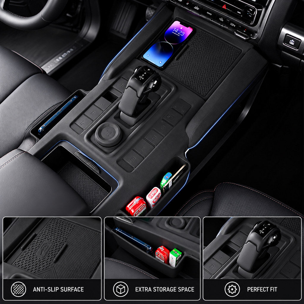 Black central console storage box installed in the GWM Haval H9 2024+ interior, showing the integrated console design