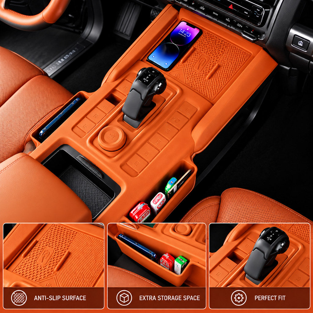 Orange central console storage box installed in the GWM Haval H9 2024+ interior, complementing the orange interior trim