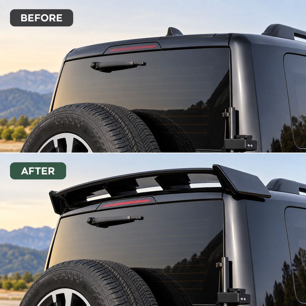 GWM Haval H9 rear roof before and after installation of fixed air flow tail wing spoiler