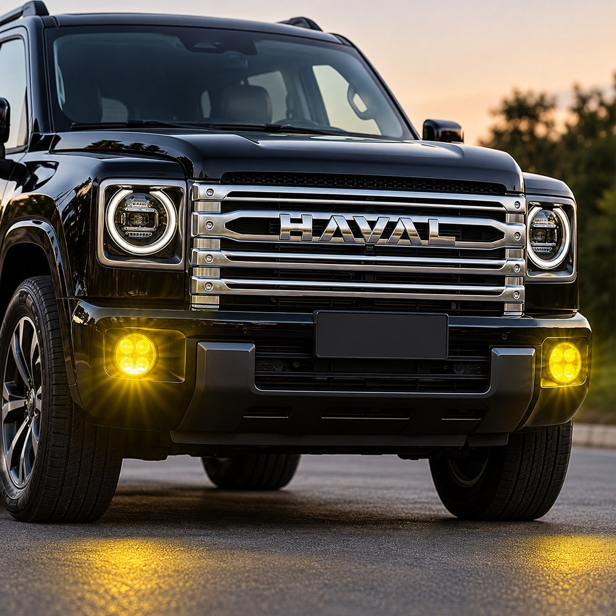 Close-up of illuminated yellow fog lamp installed on GWM Haval H9
