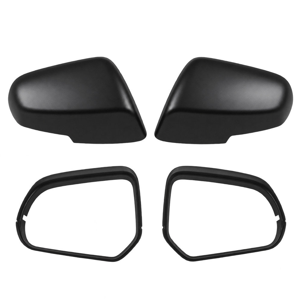 Black side mirror covers and matching hollow trim frames displayed together.