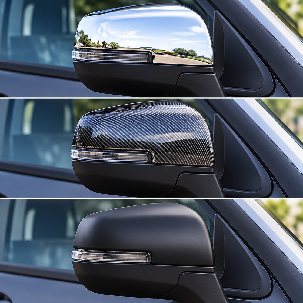 Three side mirror cover finishes displayed after installation: chrome, carbon fibre and black.