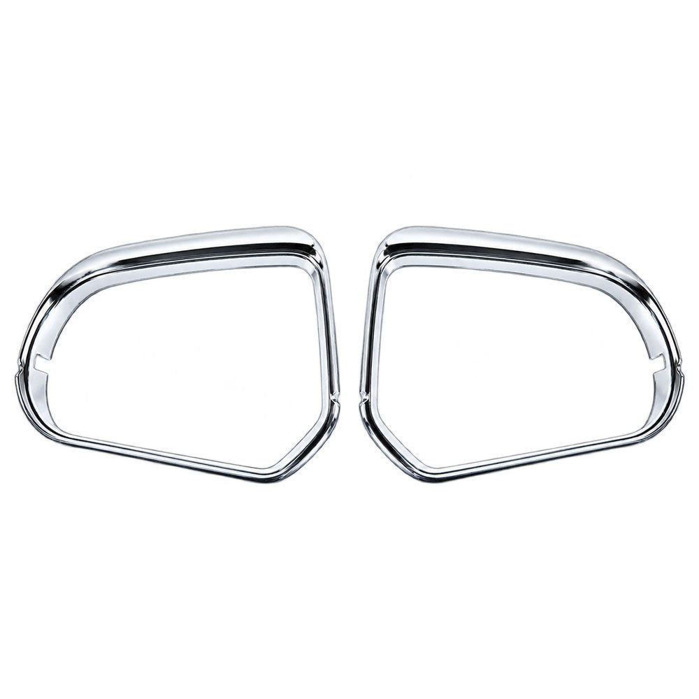 Pair of polished chrome side mirror trim frames with open centres.