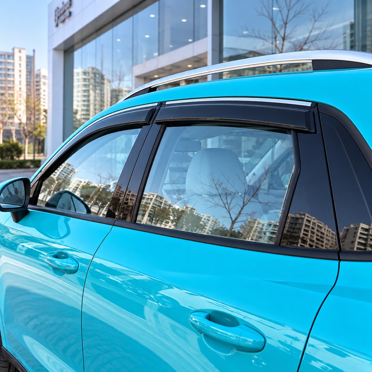 Black window rain guards installed above the side windows of a turquoise GWM ORA 5 2026