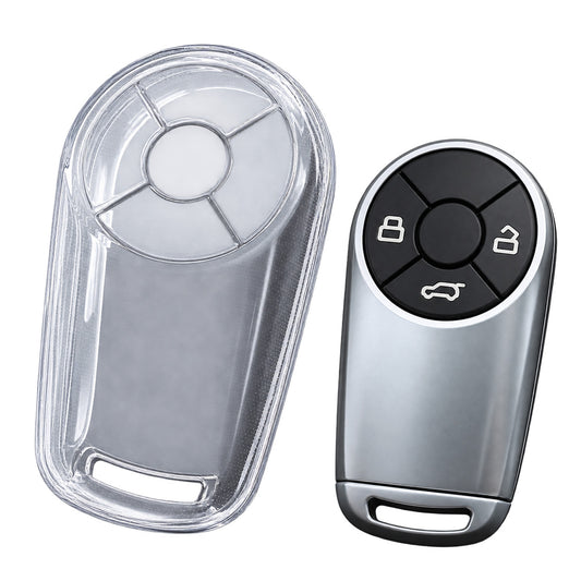 GWM ORA transparent TPU car key case cover shown with matching silver key fob