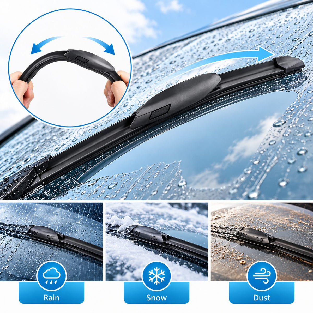 Flexible GWM Pao Poer Cannon P-Series windshield wiper blade clearing rain from glass