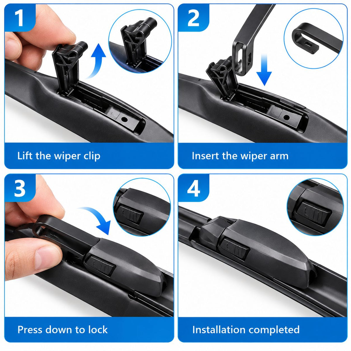 Four-step installation guide for GWM Pao Poer Cannon P-Series windshield wiper blade