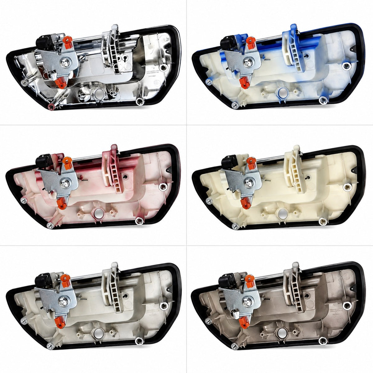 Rear view of GWM Poer Power Cannon tailgate handle components showing different colour variants