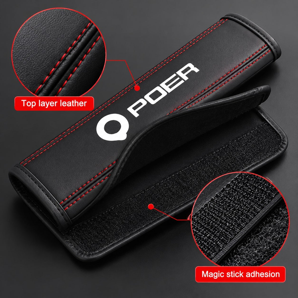 GWM Poer seat belt shoulder protector leather and hook and loop adhesion detail
