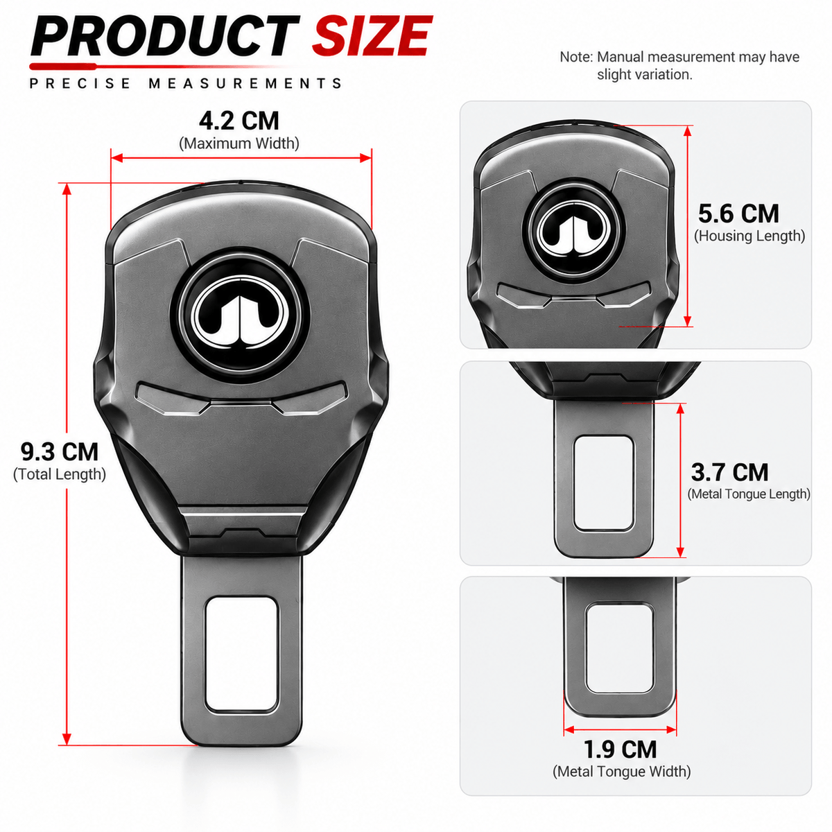 GWM seat belt buckle extender size measurements 9.3 cm x 4.2 cm