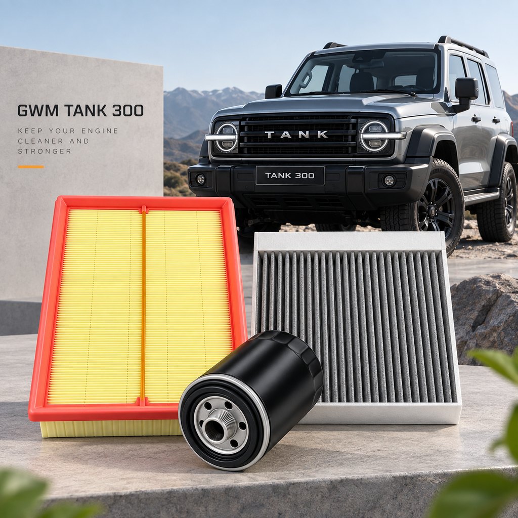 GWM TANK 300 2.0T vehicle filter set featuring air filter, cabin filter, and oil filter in an automotive setting