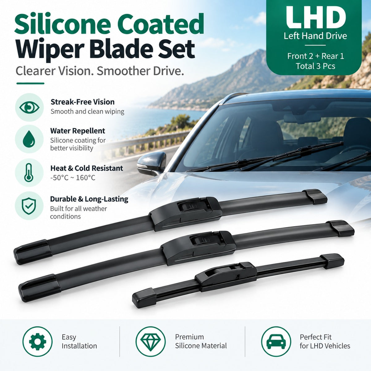 GWM Great Wall Tank 300 2020-2026 LHD silicone-coated wiper blade set with smooth wiping and weather-resistant performance