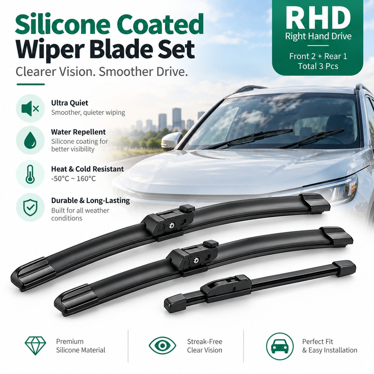GWM Great Wall Tank 300 2020-2026 RHD silicone-coated wiper blade set with clear vision and all-weather performance