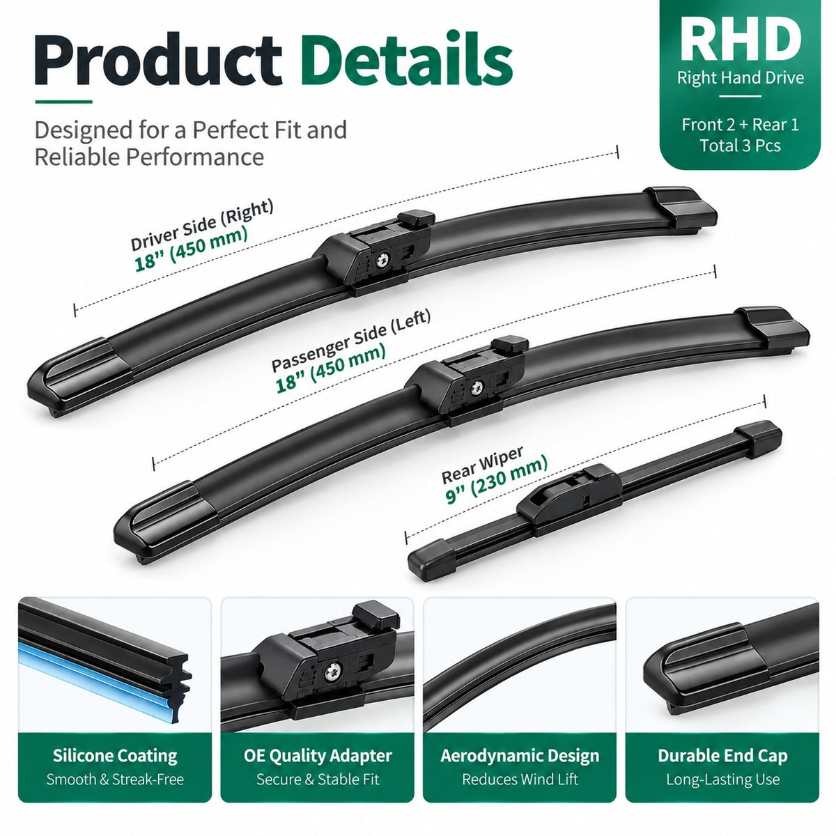 GWM Great Wall Tank 300 2020-2026 RHD silicone wiper blade product details with 18 inch front and 9 inch rear blades