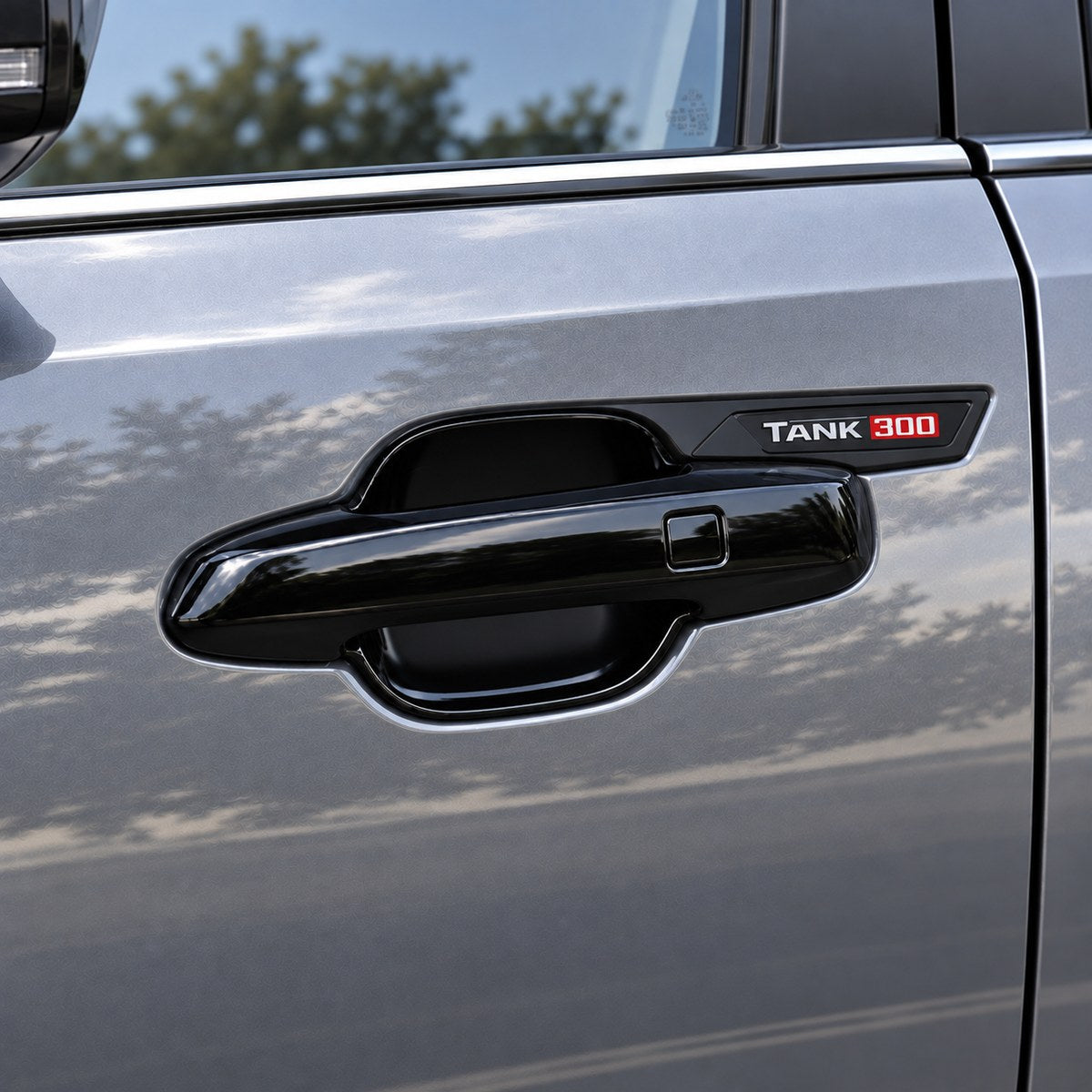 GWM TANK 300 with A Black 2pc handle bowl protective cover installed on the exterior door