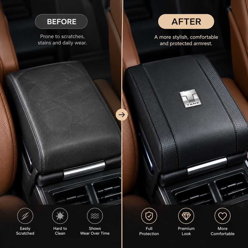 GWM Tank 300 armrest before and after installing the leather protective cover