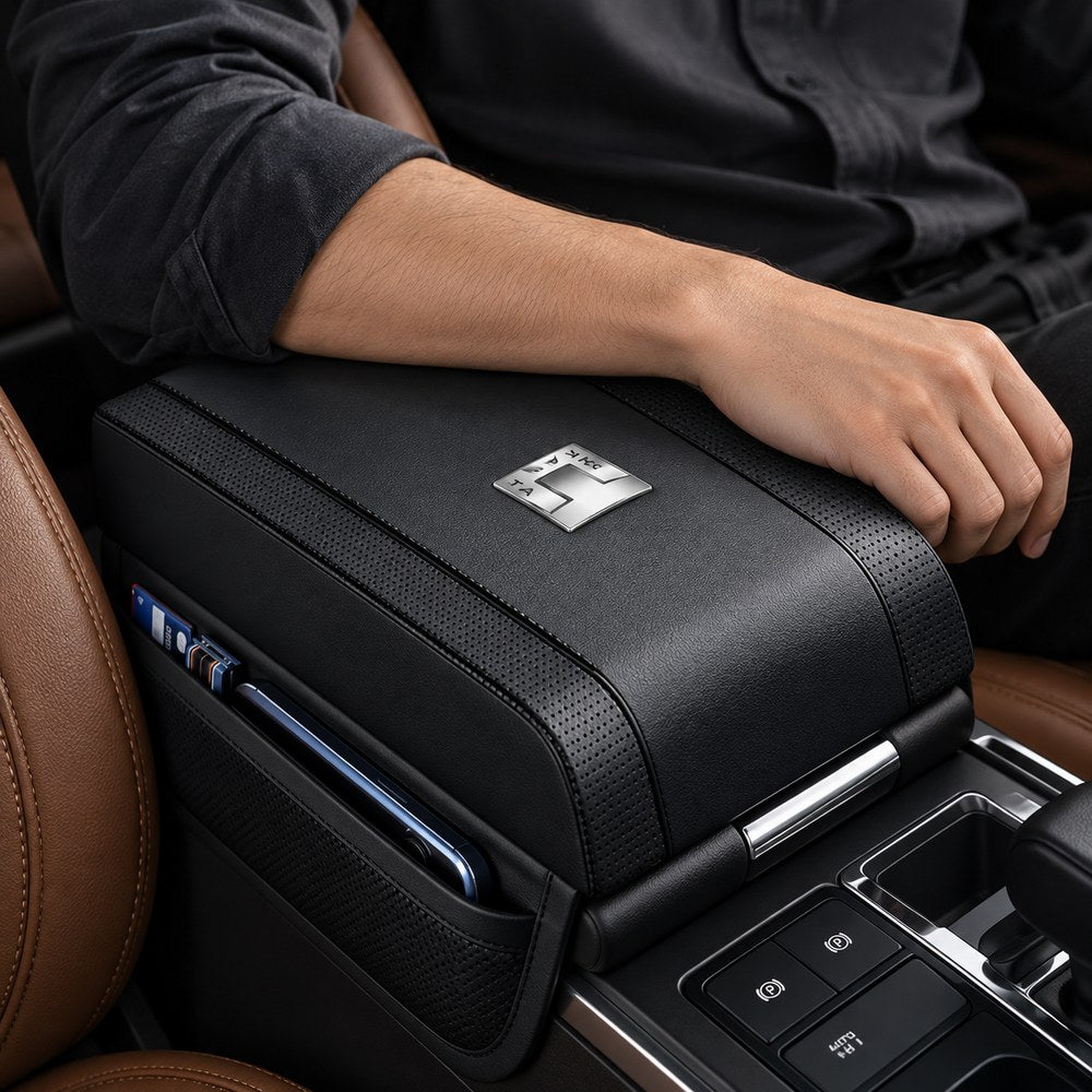 Man resting his hand on GWM Tank 300 leather armrest cover for enhanced driving comfort