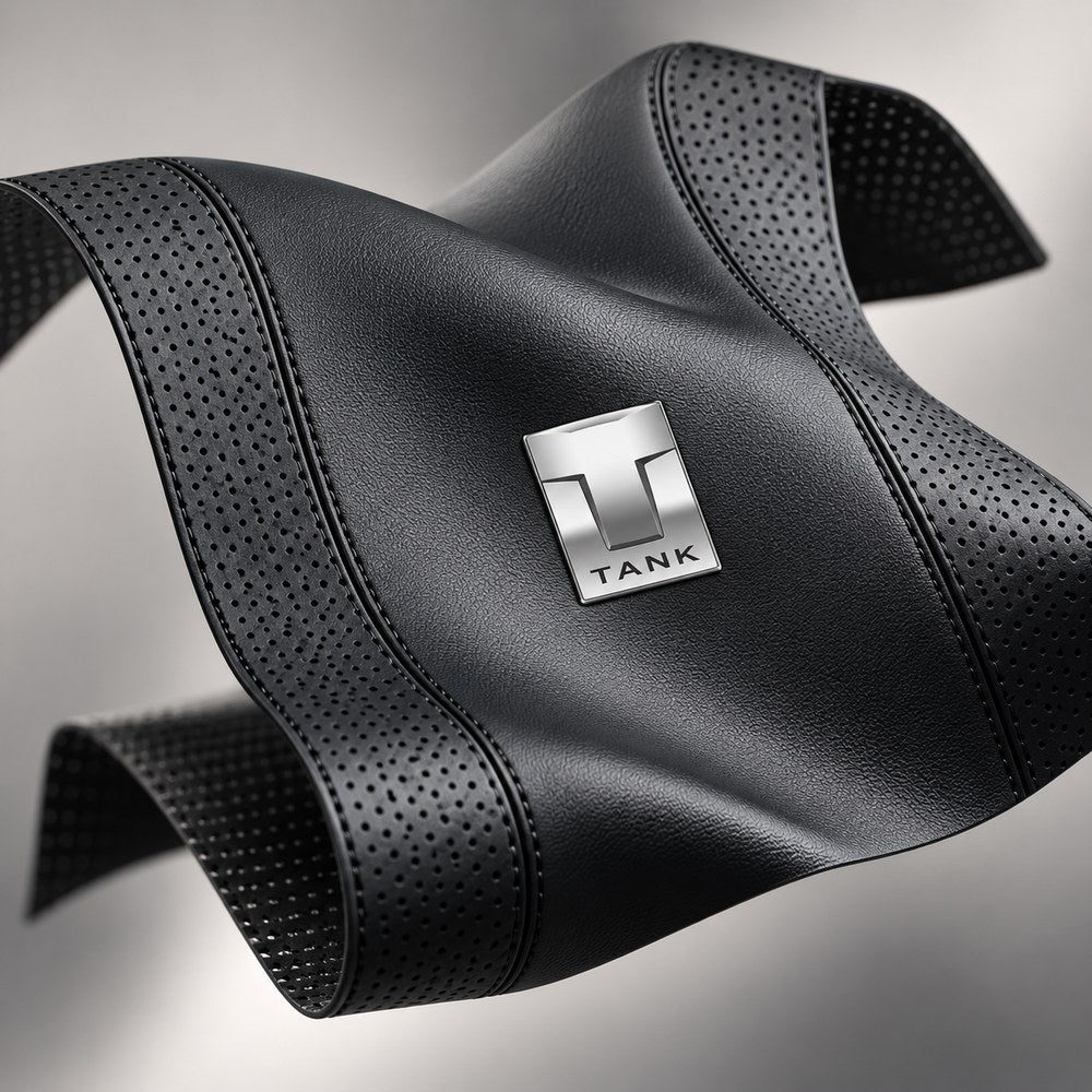 Close-up of GWM Tank 300 armrest cover showing premium leather texture, perforation and stitching