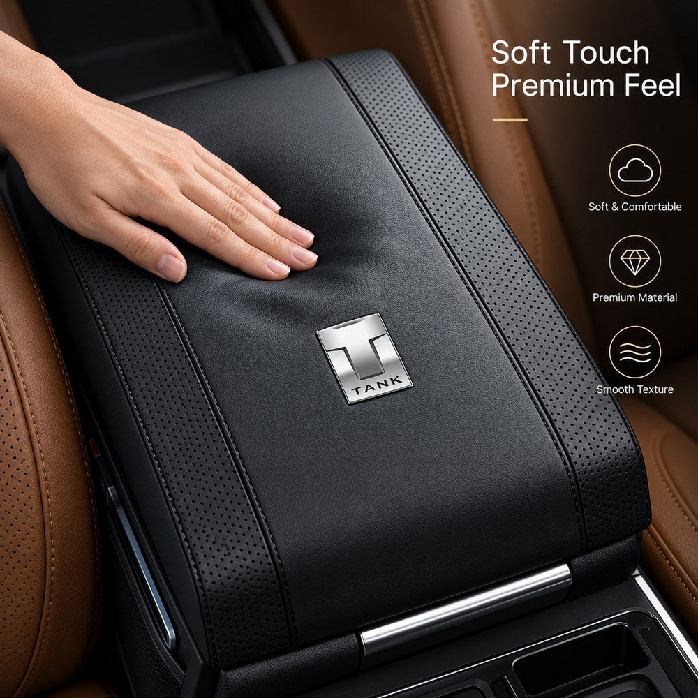 Hand touching GWM Tank 300 armrest cover to demonstrate soft premium leather texture and comfort