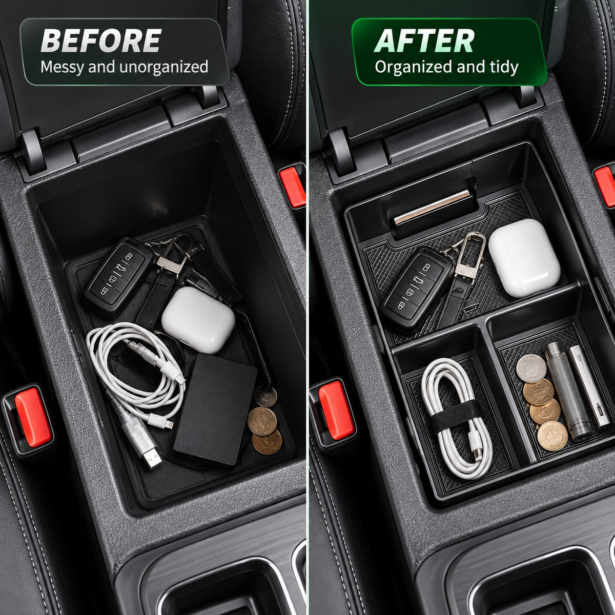 GWM Tank 300 center console armrest storage box before and after organization of daily essentials