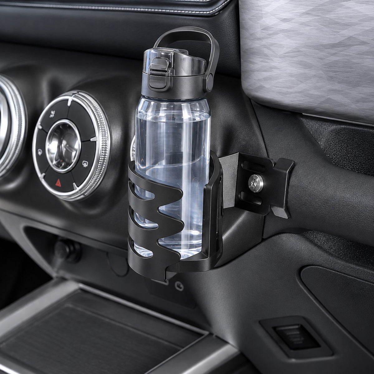 GWM Tank 300 Black-B multifunctional cup holder holding a water bottle in a vehicle interior