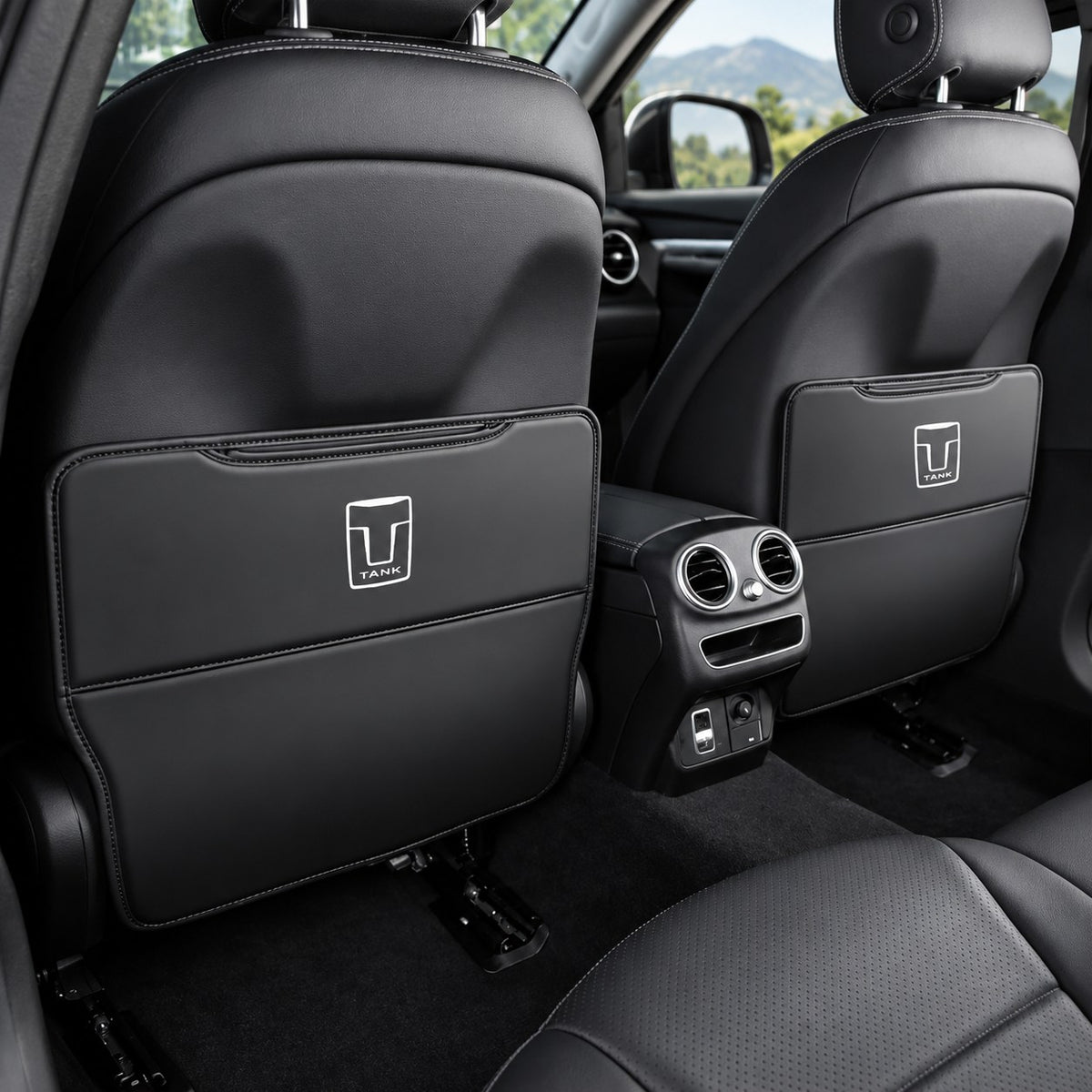 GWM Tank 300 black leather rear seat anti-kick cover installed on the front seat backs
