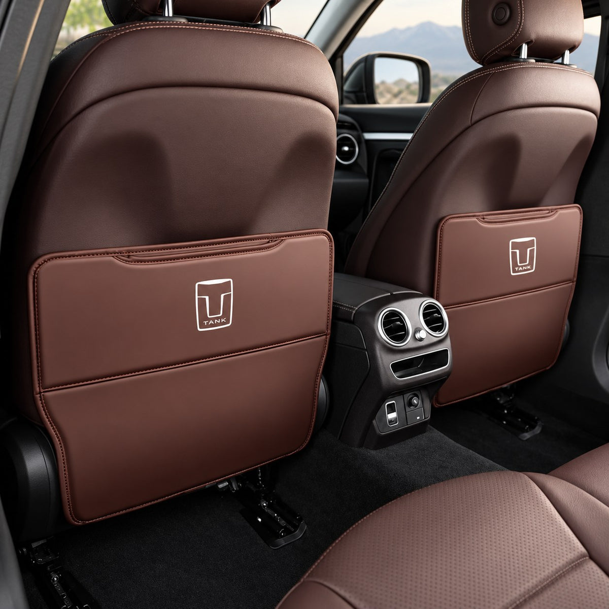 GWM Tank 300 brown leather rear seat anti-kick cover installed on the front seat backs