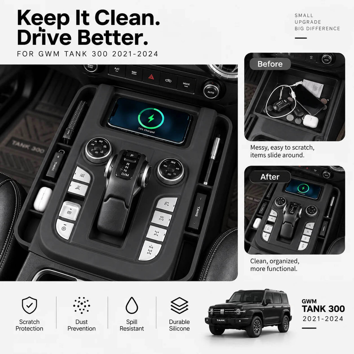 GWM Tank 300 black center console storage box providing protection and organized storage