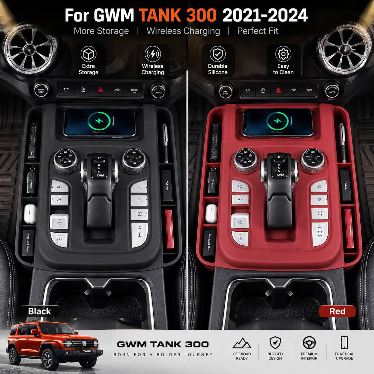 GWM Tank 300 black and red center console storage boxes with wireless charging comparison