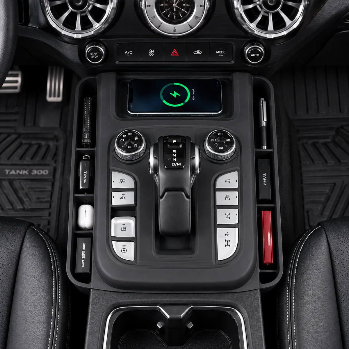 GWM Tank 300 black center console storage box showing console protection benefits