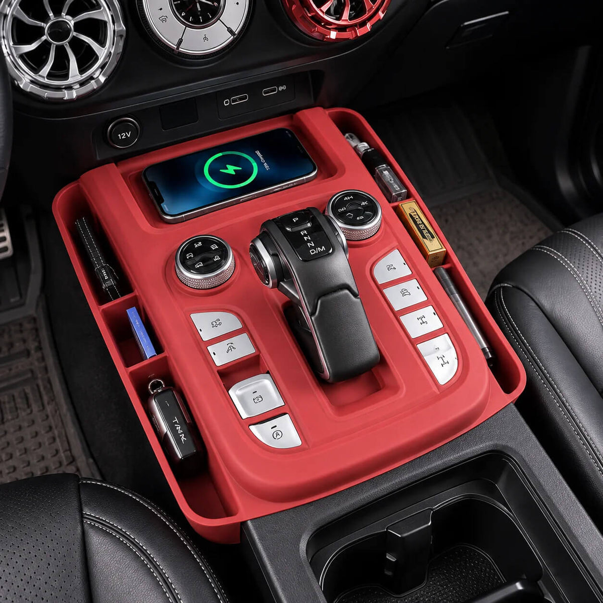 GWM Tank 300 red center console storage box and wireless charger installed in car interior