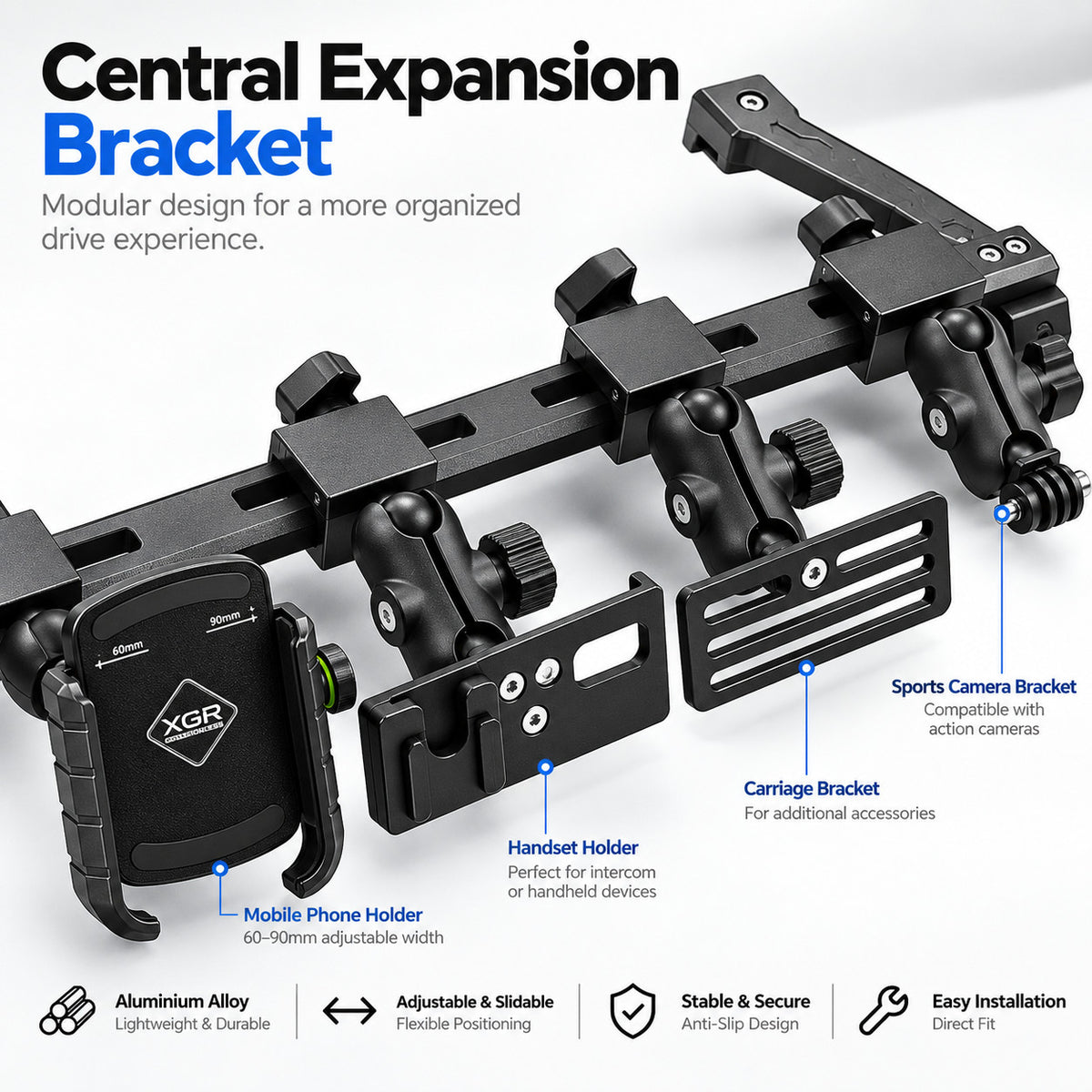 Close-up view of GWM Tank 300 central expansion bracket with sliding rail, clamps and accessory mounting points