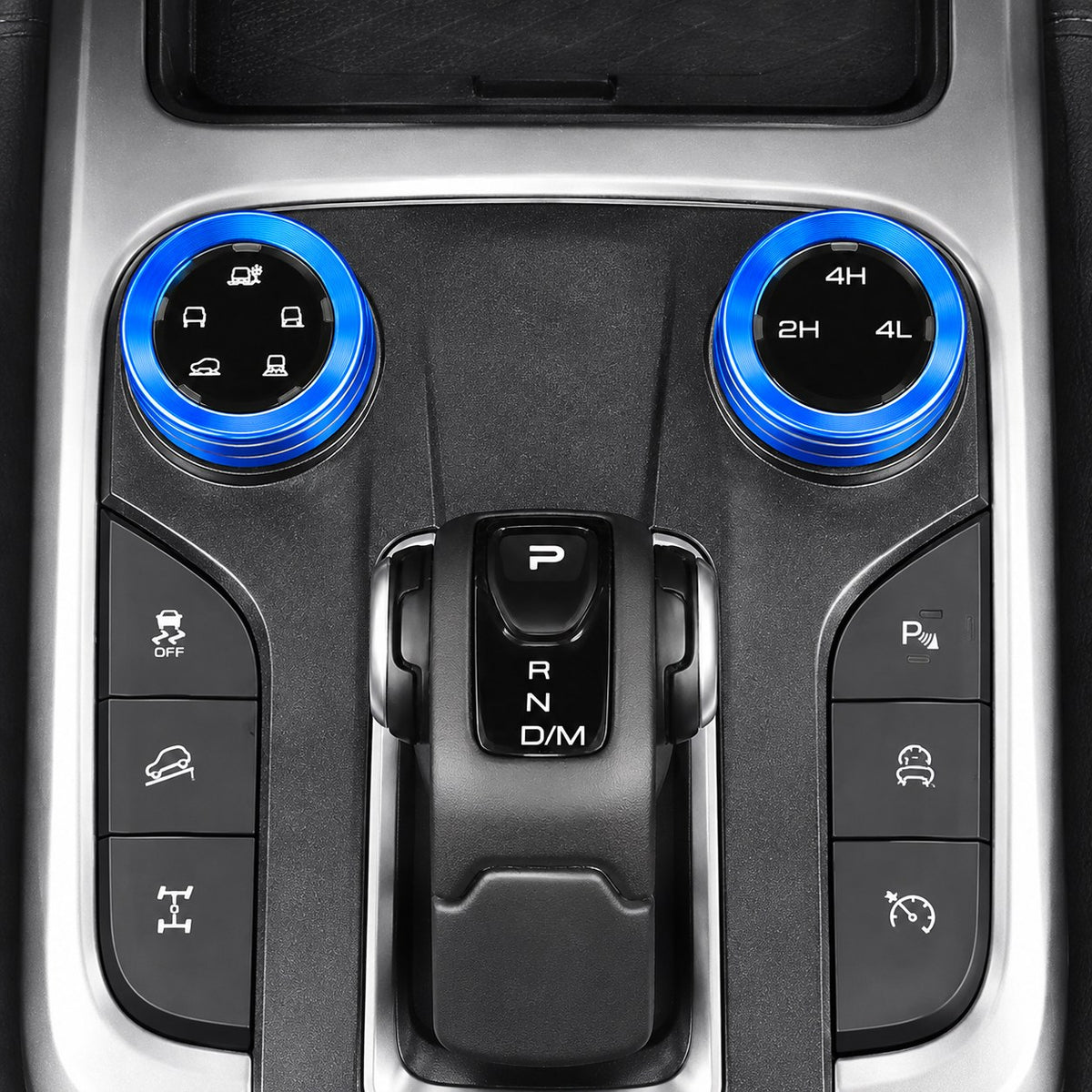 Top angle view of blue GWM TANK 300 central gear 4WD switch trim installed on the center console