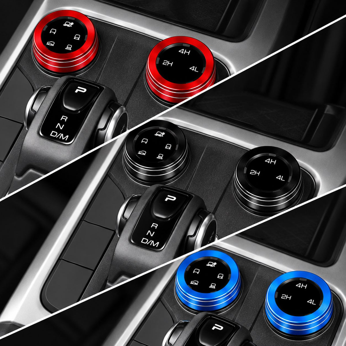 GWM TANK 300 central gear 4WD switch trim shown in red black and blue variants in a clean interior collage