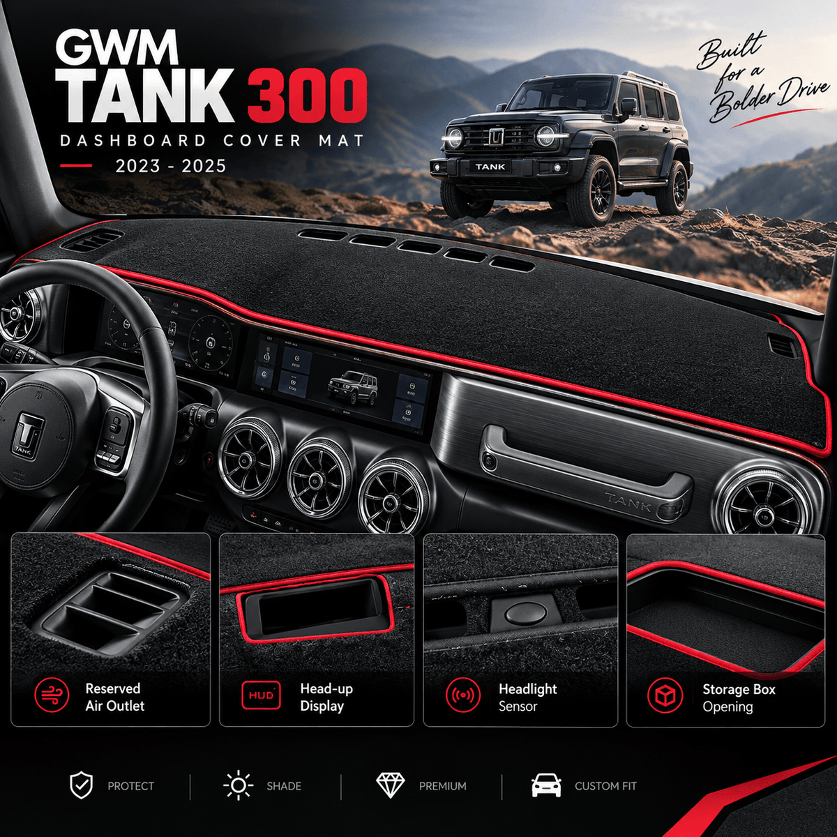 GWM TANK 300 dashboard cover mat with air outlet HUD sensor and storage openings