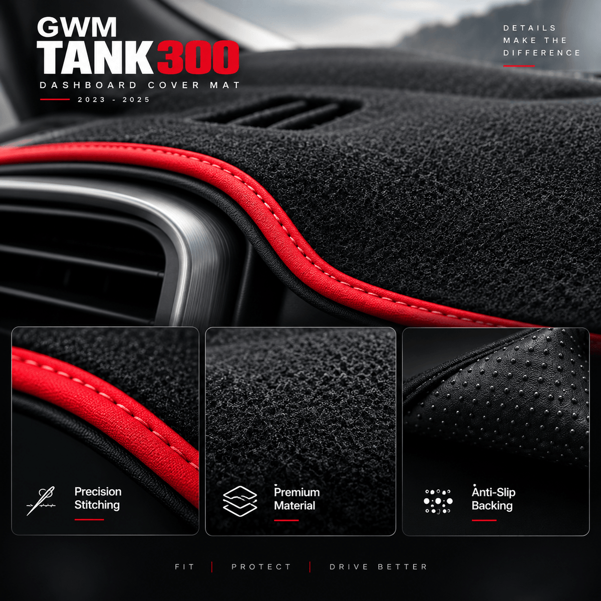 GWM TANK 300 dashboard cover mat stitching material texture and anti-slip backing