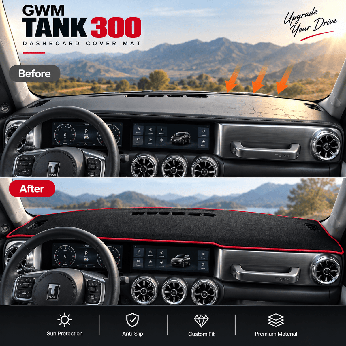 GWM TANK 300 dashboard cover mat before and after installation