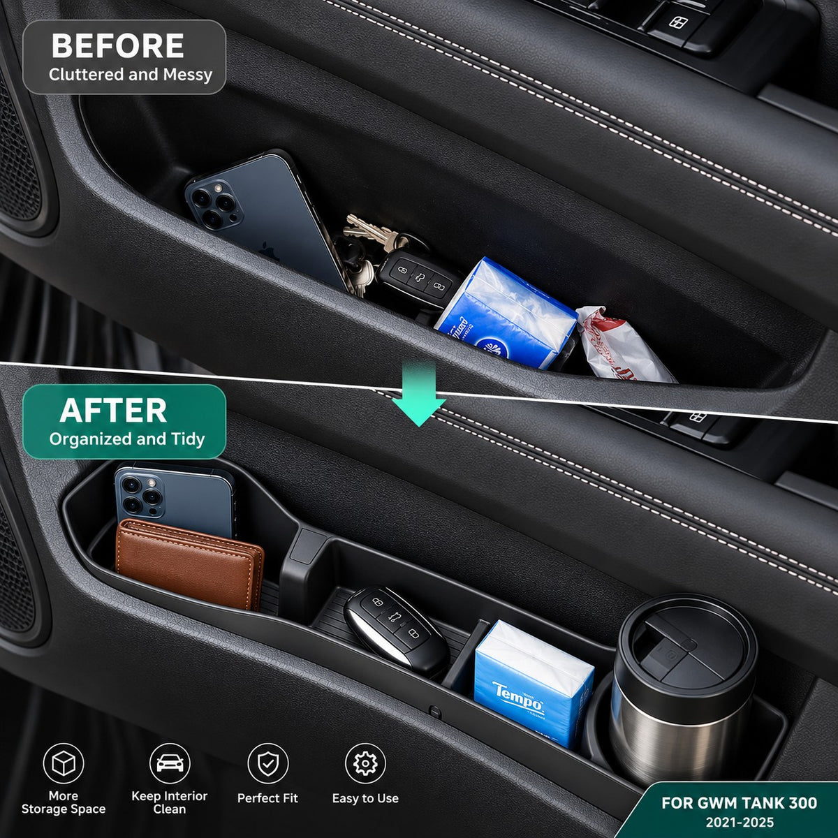 GWM Tank 300 door storage box before and after comparison showing a cluttered door pocket transformed into organized storage