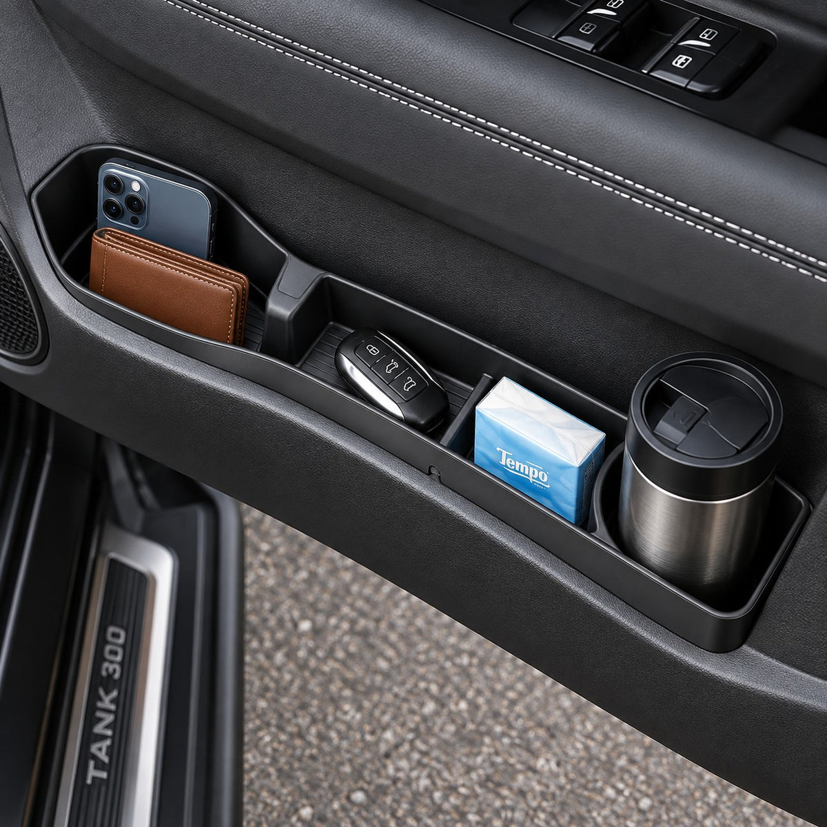 GWM Tank 300 door storage box organizer holding phone wallet key fob tissue and travel tumbler