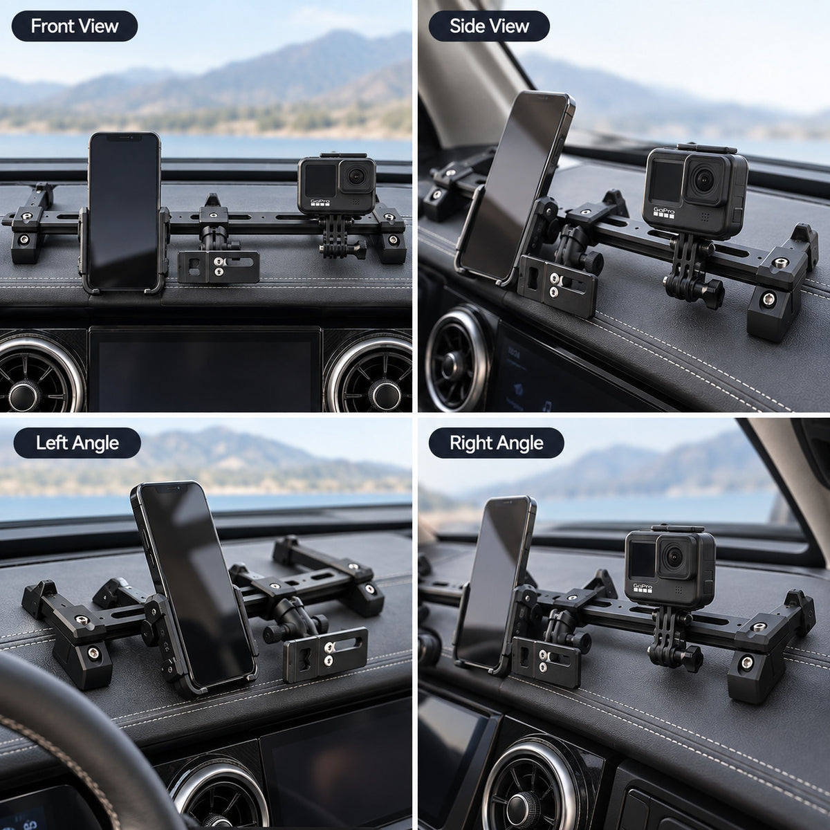 GWM Tank 300 central expansion bracket installed on the dashboard shown from multiple viewing angles