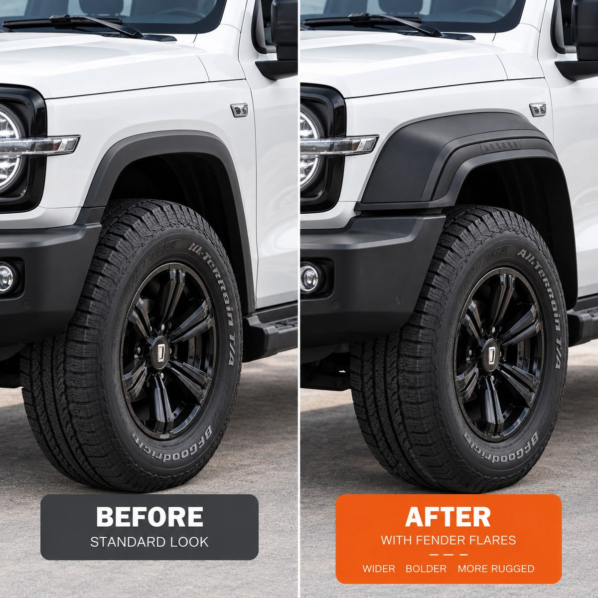 GWM Tank 300 fender flare before and after installation comparison showing the wider rugged wheel arch appearance