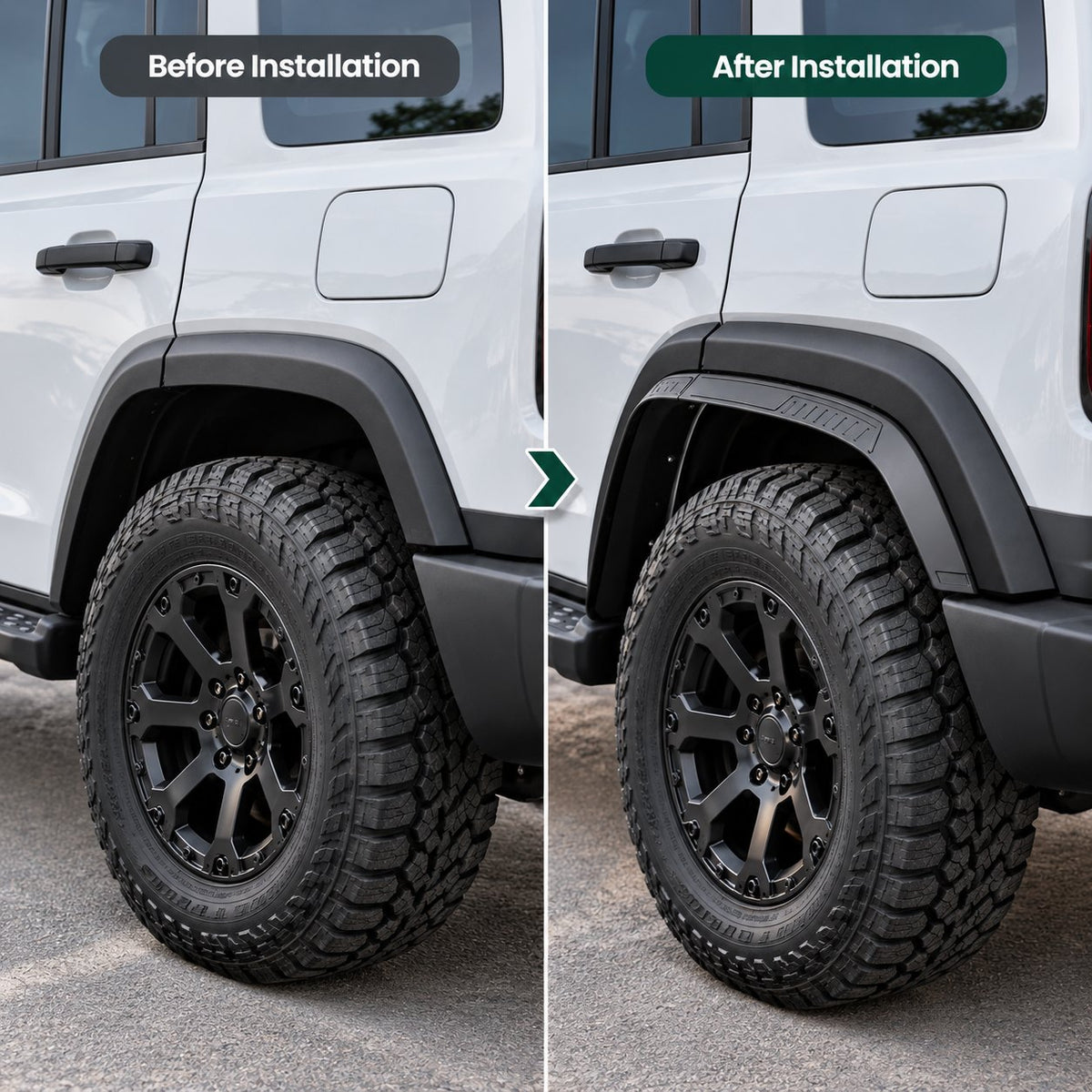 GWM TANK 300 rear wheel arch before and after black fender flare installation