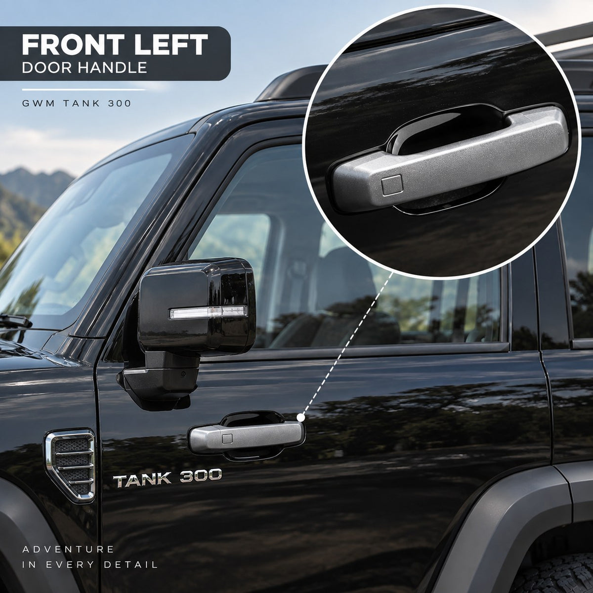 GWM TANK 300 front left exterior door handle with electric sensing shown installed on the vehicle