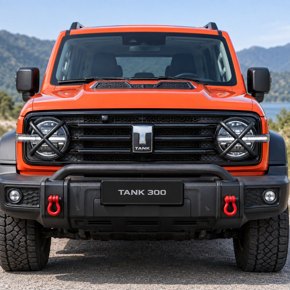 GWM TANK 300 Version A black headlight protection guards installed on the front headlights