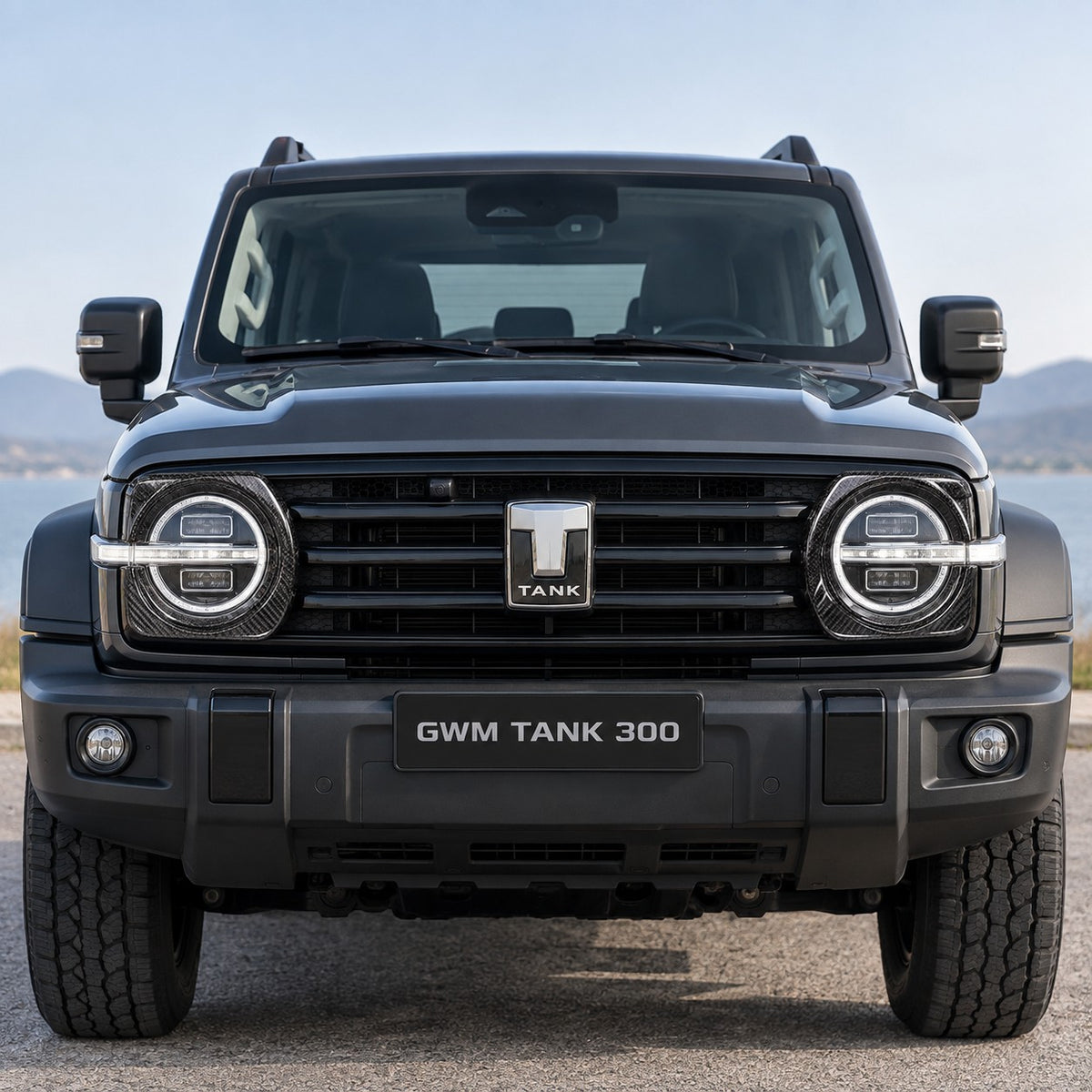 GWM Tank 300 with carbon fiber headlight eyebrow frame cover installed around the front headlight