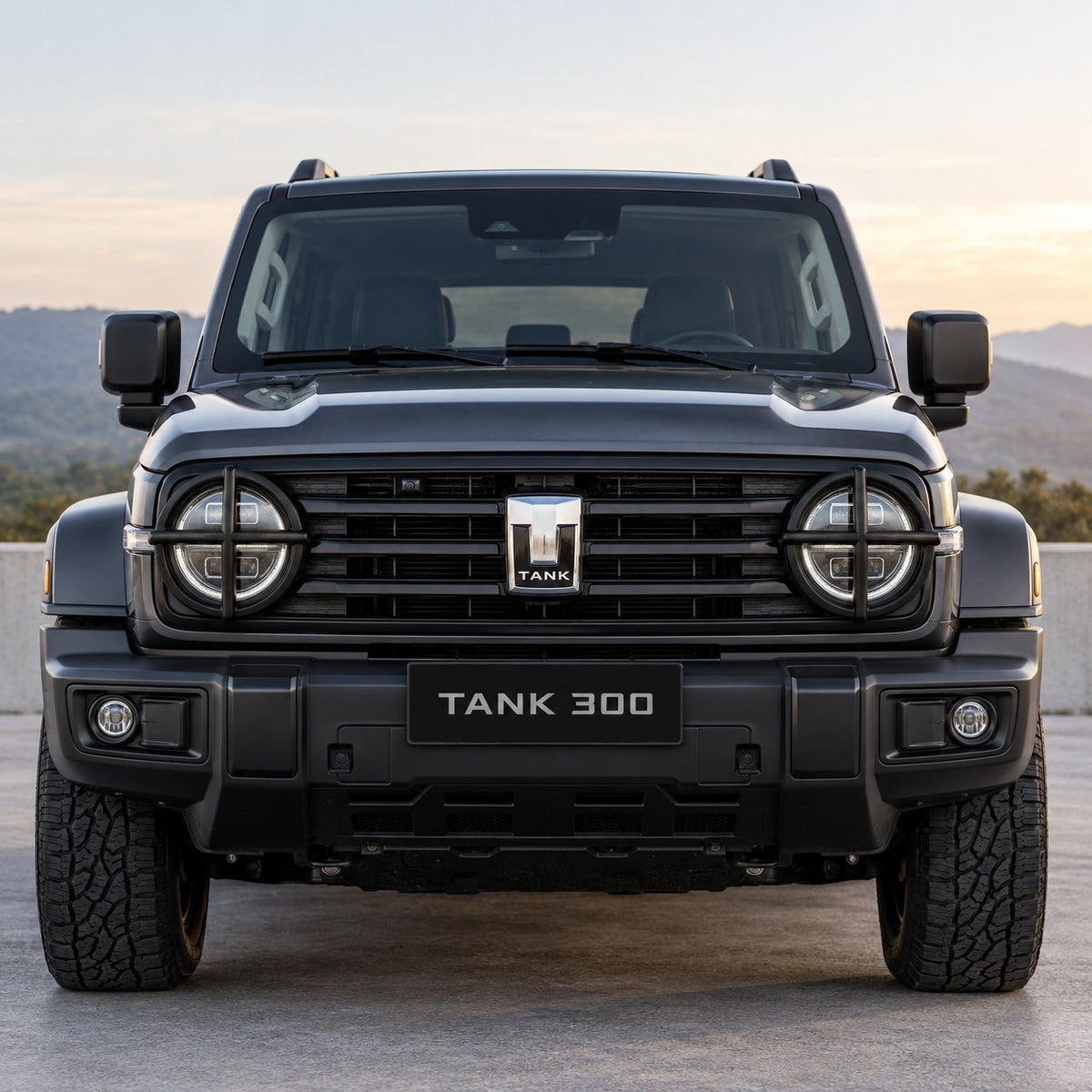 GWM TANK 300 with matte black A headlight protection covers installed front view