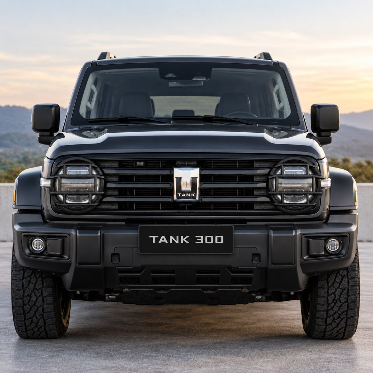 GWM TANK 300 with matte black B headlight protection covers installed front view