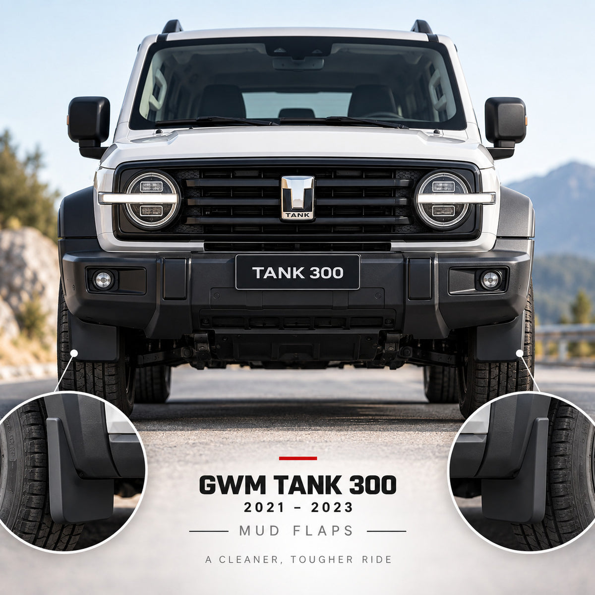 Front view of GWM Tank 300 with black mud flaps installed behind the front wheels.