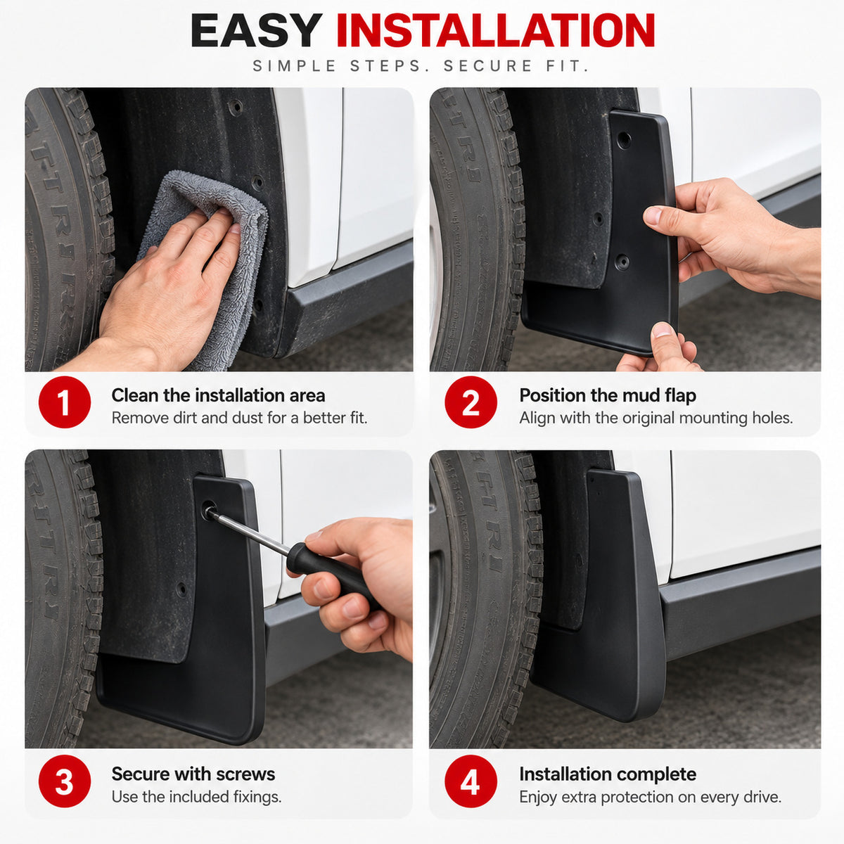 Four-step installation process for fitting black mud flaps to a GWM Tank 300.