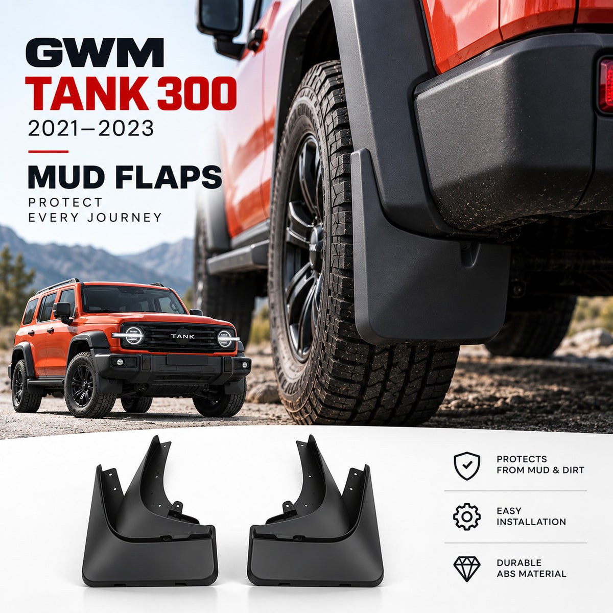 GWM Tank 300 fitted with black mud flaps for protection against mud, water and road debris.